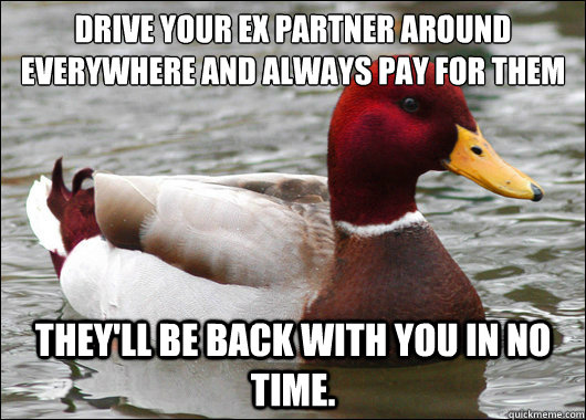 Drive your ex partner around everywhere and always pay for them
 they'll be back with you in no time.  Malicious Advice Mallard