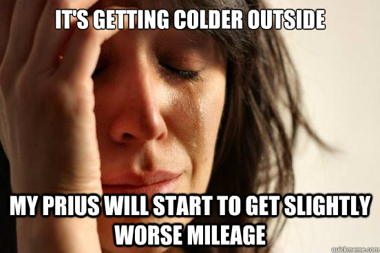 It's getting colder outside My Prius will start to get slightly worse mileage - It's getting colder outside My Prius will start to get slightly worse mileage  First World Problems
