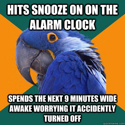 Hits snooze on on the alarm clock Spends the next 9 minutes wide awake worrying it accidently turned off  - Hits snooze on on the alarm clock Spends the next 9 minutes wide awake worrying it accidently turned off   Paranoid Parrot