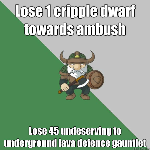 Lose 1 cripple dwarf towards ambush Lose 45 undeserving to underground lava defence gauntlet  