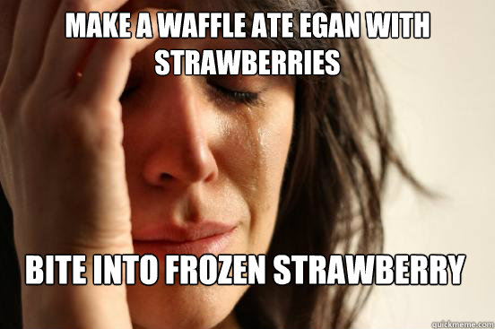 Make a waffle ate egan with strawberries bite into frozen strawberry  First World Problems