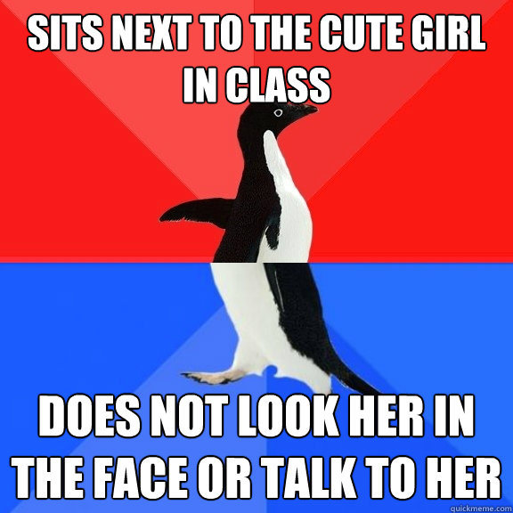 Sits next to the cute girl in class Does not look her in the face or talk to her
  Socially Awksome Penguin