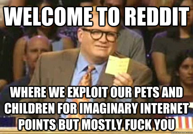 Welcome to Reddit where we exploit our pets and children for imaginary internet points but mostly fuck you  Welcome to