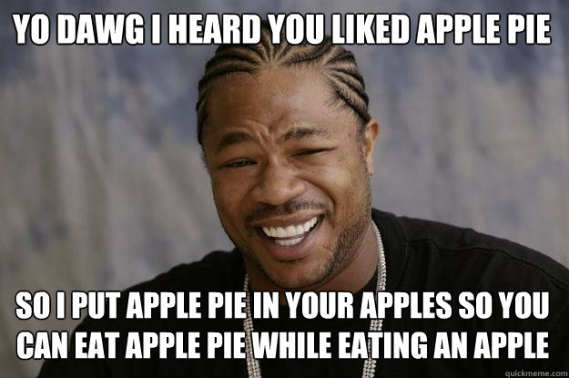 YO DAWG I HEARD you liked Apple Pie so I put apple pie in your apples so you can eat apple pie while eating an apple  Xzibit meme