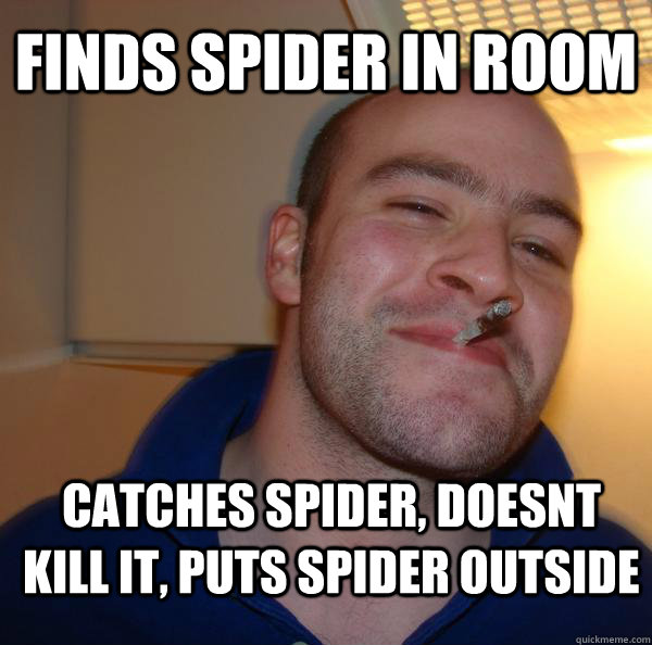 finds spider in room catches spider, doesnt kill it, puts spider outside - finds spider in room catches spider, doesnt kill it, puts spider outside  Misc