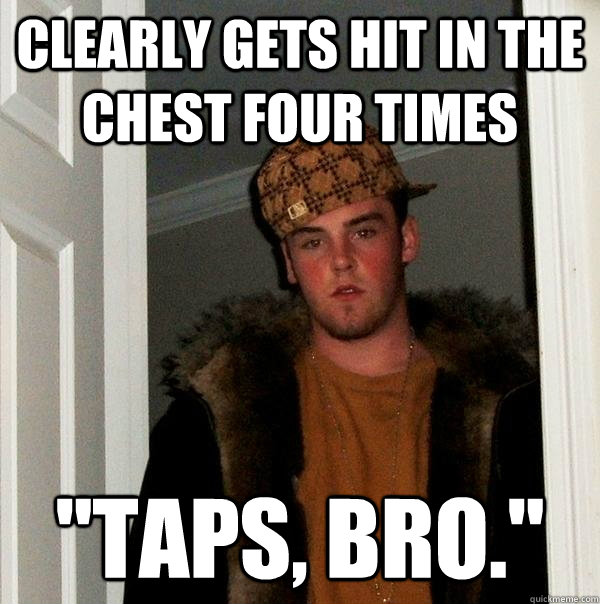 Clearly gets hit in the chest four times 