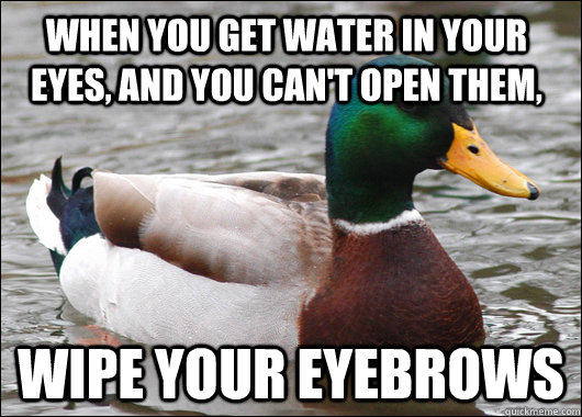 When you get water in your eyes, and you can't open them, wipe your eyebrows  Actual Advice Mallard