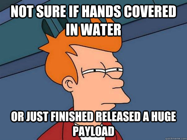 NOT SURE IF HANDS COVERED IN WATER OR JUST FINISHED RELEASED A HUGE PAYLOAD  Futurama Fry