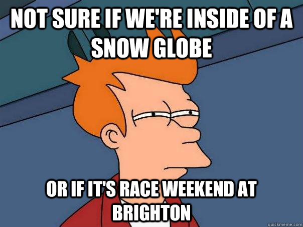 Not sure if we're inside of a snow globe Or if it's race weekend at Brighton  Futurama Fry