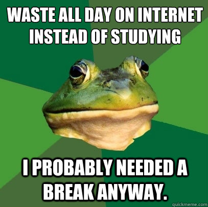 Waste all day on Internet instead of studying i probably needed a break anyway.  Foul Bachelor Frog