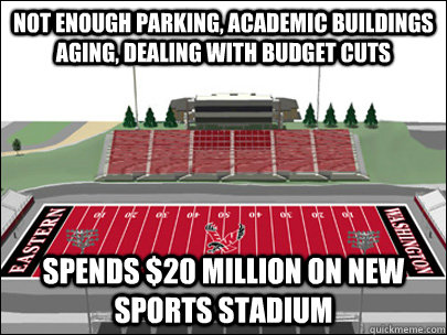 Not enough parking, academic buildings aging, dealing with budget cuts Spends $20 million on new sports stadium  Scumbag University