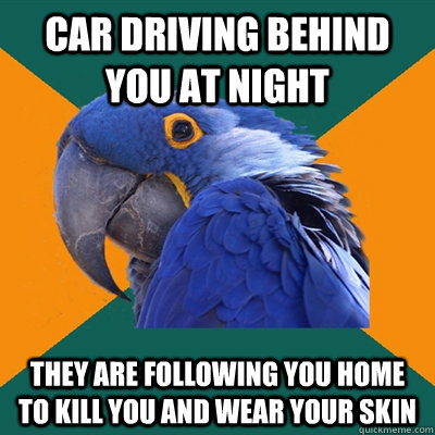 Car driving behind you at night They are following you home to kill you and wear your skin  Paranoid Parrot