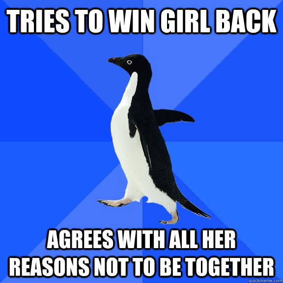 Tries to win girl back agrees with all her reasons not to be together  Socially Awkward Penguin