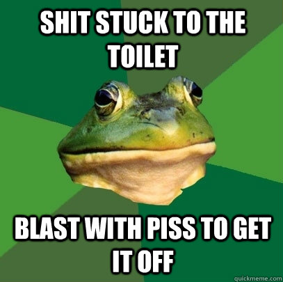 shit stuck to the toilet blast with Piss to get it off  Foul Bachelor Frog