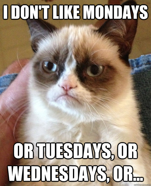 I don't like mondays Or tuesdays, or wednesdays, or... - I don't like mondays Or tuesdays, or wednesdays, or...  Grumpy Cat