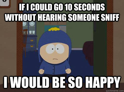 IF I COULD GO 10 SECONDS WITHOUT HEARING SOMEONE SNIFF i would be so happy  Craig would be so happy