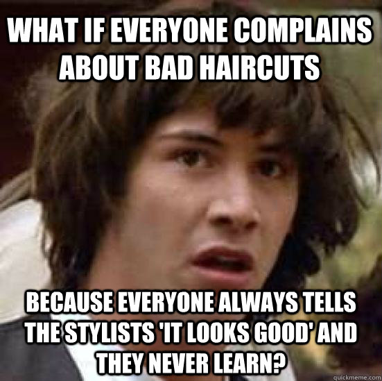 what if everyone complains about bad haircuts because everyone always tells the stylists 'it looks good' and they never learn? - what if everyone complains about bad haircuts because everyone always tells the stylists 'it looks good' and they never learn?  conspiracy keanu