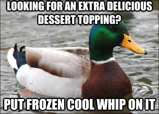 Looking for an extra delicious dessert topping? put Frozen cool whip on it  Actual Advice Mallard