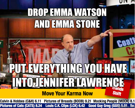 Drop Emma Watson 
and Emma Stone put everything you have
into jennifer lawrence  Mad Karma with Jim Cramer