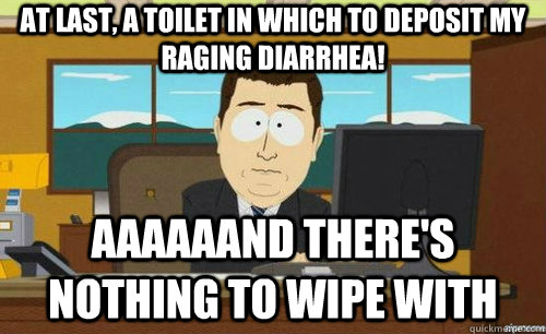 At last, a toilet in which to deposit my raging diarrhea!  AAAAAAND There's nothing to wipe with  anditsgone