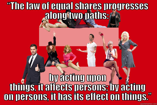 “THE LAW OF EQUAL SHARES PROGRESSES ALONG TWO PATHS:  BY ACTING UPON THINGS, IT AFFECTS PERSONS; BY ACTING ON PERSONS, IT HAS ITS EFFECT ON THINGS.” Inception