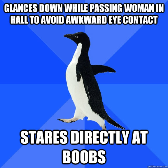 Glances down while passing woman in hall to avoid awkward eye contact Stares directly at boobs  Socially Awkward Penguin