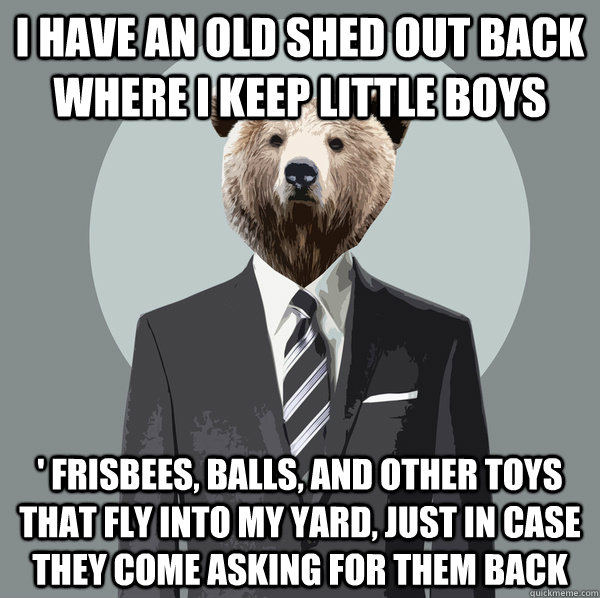 I have an old shed out back where I keep little boys ' frisbees, balls, and other toys that fly into my yard, just in case they come asking for them back  