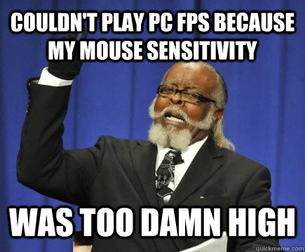 Couldn't play PC FPS because my mouse sensitivity was too damn high  Too Damn High