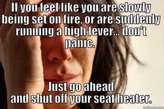 IF YOU FEEL LIKE YOU ARE SLOWLY BEING SET ON FIRE, OR ARE SUDDENLY RUNNING A HIGH FEVER... DON'T PANIC.  JUST GO AHEAD AND SHUT OFF YOUR SEAT HEATER. First World Problems