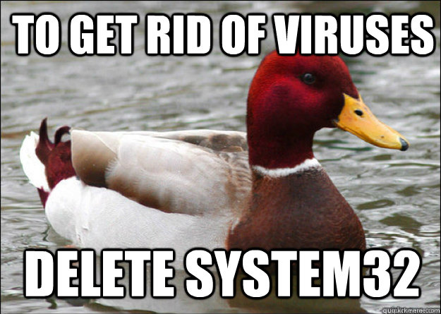 To get rid of viruses  delete System32  Malicious Advice Mallard