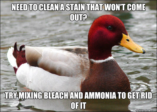 need to clean a stain that won't come out? Try mixing bleach and ammonia to get rid of it  Malicious Advice Mallard