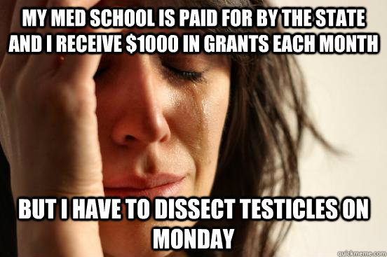 My Med School is paid for by the state and i receive $1000 in grants each month but i have to dissect testicles on monday  First World Problems