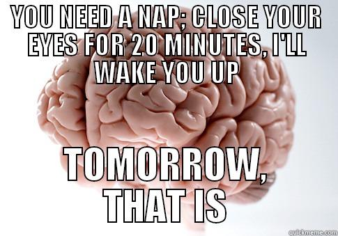 YOU NEED A NAP; CLOSE YOUR EYES FOR 20 MINUTES, I'LL WAKE YOU UP TOMORROW, THAT IS Scumbag Brain