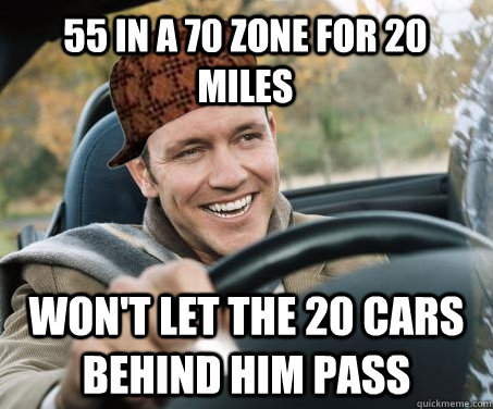 55 in a 70 zone for 20 miles won't let the 20 cars behind him pass   SCUMBAG DRIVER