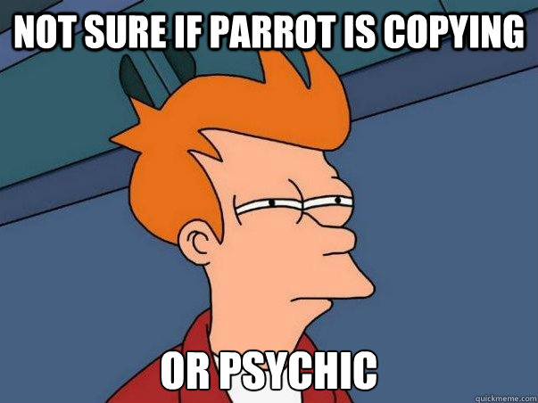 Not sure if parrot is copying or psychic  Not sure Fry