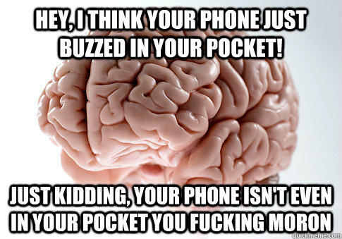 Hey, I think your phone just buzzed in your pocket! just kidding, your phone isn't even in your pocket you fucking moron  Scumbag Brain