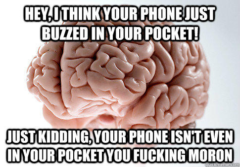 Hey, I think your phone just buzzed in your pocket! just kidding, your phone isn't even in your pocket you fucking moron - Hey, I think your phone just buzzed in your pocket! just kidding, your phone isn't even in your pocket you fucking moron  Scumbag Brain