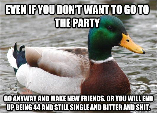 Even if you don't want to go to the party Go anyway and make new friends. Or you will end up being 44 and still single and bitter and shit. - Even if you don't want to go to the party Go anyway and make new friends. Or you will end up being 44 and still single and bitter and shit.  Actual Advice Mallard
