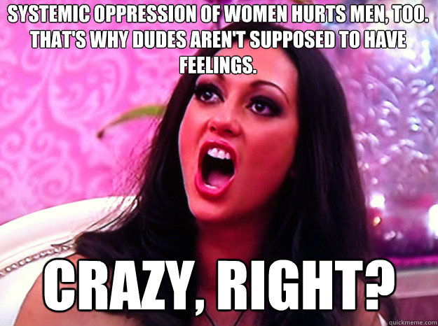 Systemic oppression of women hurts men, too. That's why dudes aren't supposed to have feelings. crazy, right?   Feminist Nazi