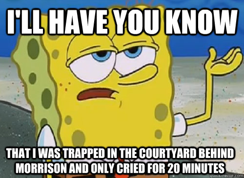 I'LL HAVE YOU KNOW  THAT I WAS TRAPPED IN THE COURTYARD BEHIND MORRISON AND ONLY CRIED FOR 20 MINUTES  ILL HAVE YOU KNOW