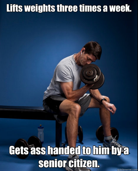 Lifts weights three times a week. Gets ass handed to him by a senior citizen.  Workout Paul Ryan