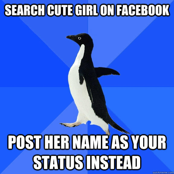 Search cute girl on facebook  post her name as your status instead - Search cute girl on facebook  post her name as your status instead  Socially Awkward Penguin