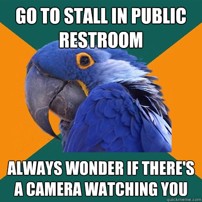 go to stall in public restroom 
 always wonder if there's a camera watching you  Paranoid Parrot