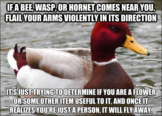 If a bee, wasp, or hornet comes near you, flail your arms violently in its direction It's just trying to determine if you are a flower or some other item useful to it, and once it realizes you're just a person, it will fly away.  Malicious Advice Mallard