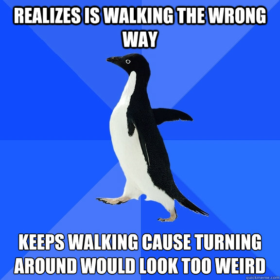 realizes is walking the wrong way keeps walking cause turning around would look too weird  Socially Awkward Penguin