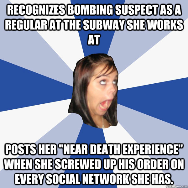 Recognizes bombing suspect as a regular at the subway she works at Posts her 