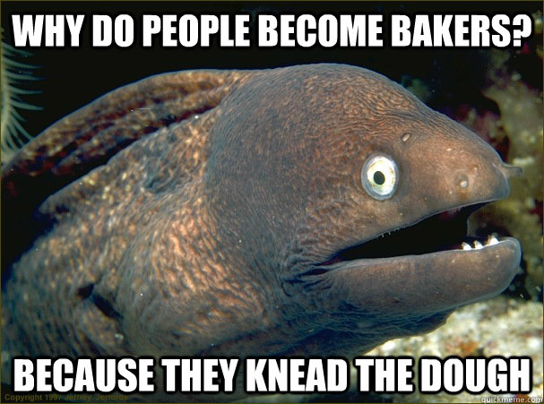Why do people become bakers? because they knead the dough  Bad Joke Eel