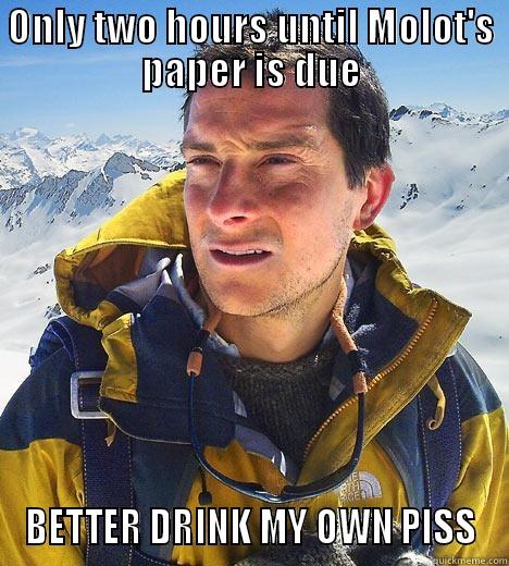 ONLY TWO HOURS UNTIL MOLOT'S PAPER IS DUE BETTER DRINK MY OWN PISS Bear Grylls