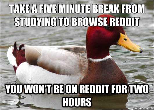 Take a five minute break from studying to browse reddit
 you won't be on reddit for two hours  Malicious Advice Mallard