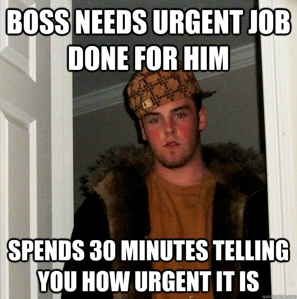 boss needs urgent job done for him spends 30 minutes telling you how urgent it is - boss needs urgent job done for him spends 30 minutes telling you how urgent it is  Scumbag Steve